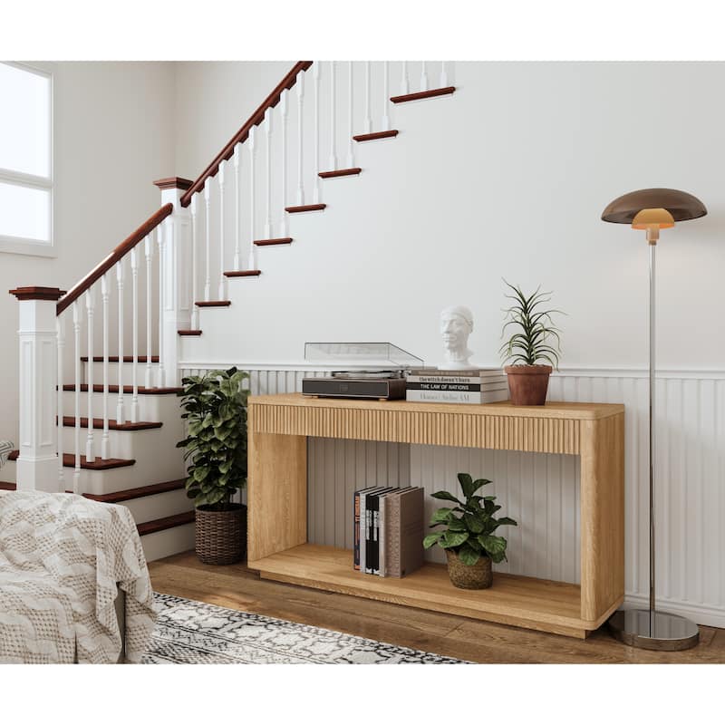 60" Modern 2-Drawer Fluted Console Table Natural Wood Veneer Sofa Table Behind Couch Table for Living Room