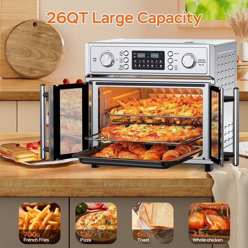 26QT Large Capacity French Double-Door Air Fryer Convection Toaster Oven, 1700W, 14 Preset Menus, 7-in-1 Multi-Function