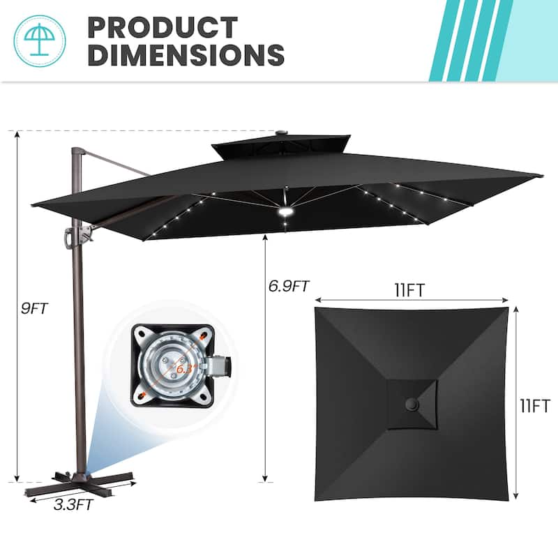 11 FT Square Outdoor Double Top Solar Powered LED Patio Cantilever Umbrella