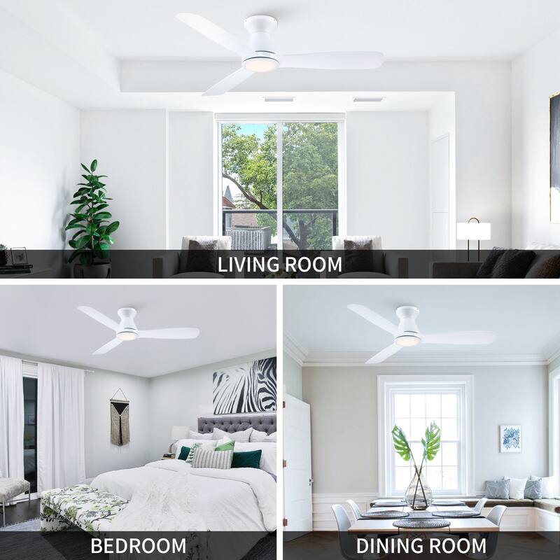 52" White Modern Timer Hugger Flush Mount LED Ceiling Fan with 6-speed DC Motor and Remote - 52 in. D x 52 in. W x 10.8 in. H