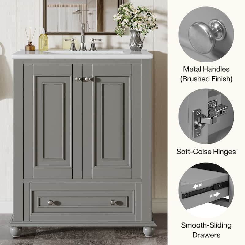 24'' Modern Freestanding Solid Wood Bathroom Vanity with Ceramic Sink, Adjustable Shelf Storage