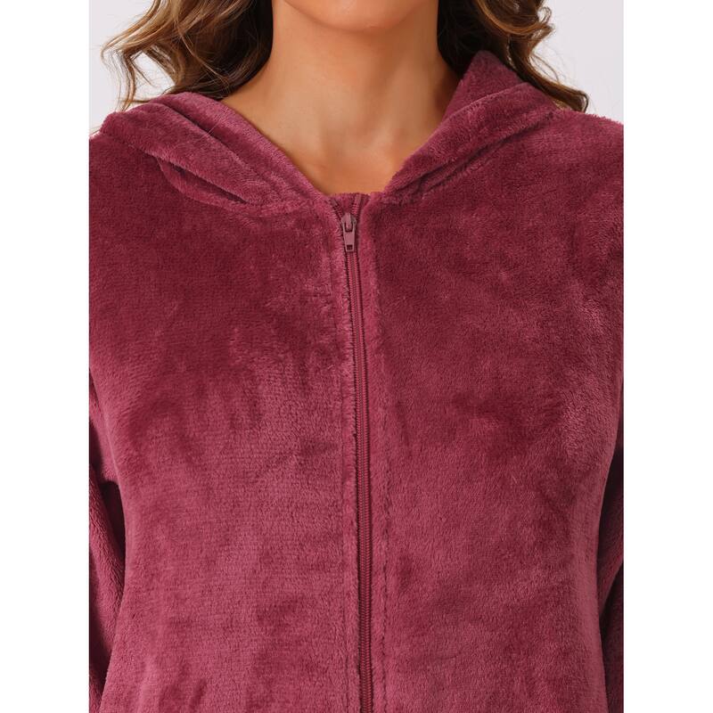 Womens Flannel Robe Fluffy Plush Long Zip Front Bathrobe with Pockets Warm Soft Zippered Bathrobes