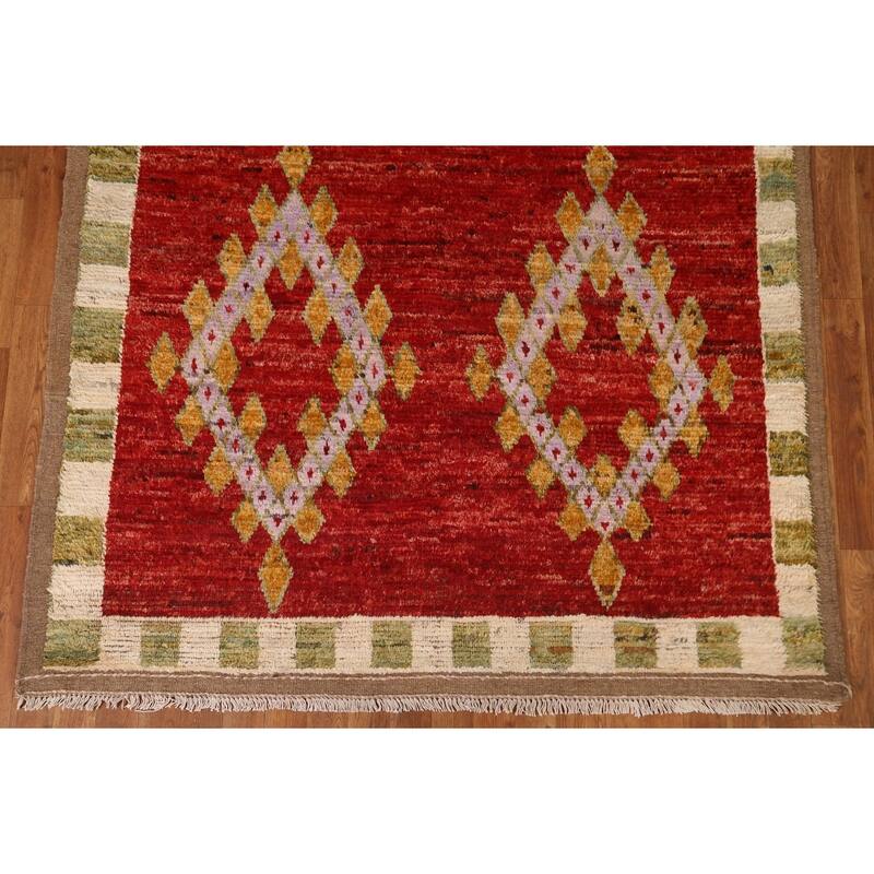 Hand Knotted Oriental 100% Wool Carpet Modern Geometric Red Moroccan Area Rug - 8' 2'' X 5' 5''