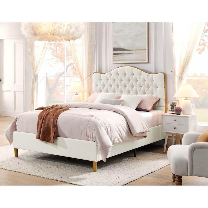 Upholstered Queen Bed Frame with Tufted Headboard and Wooden Legs - Beige