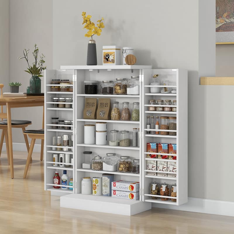 5-Tier White Pantry Cabinet with Adjustable Shelves and Magnetic Doors and Kitchen Storage - 23.6" W x 11.8" D x 40.9" H