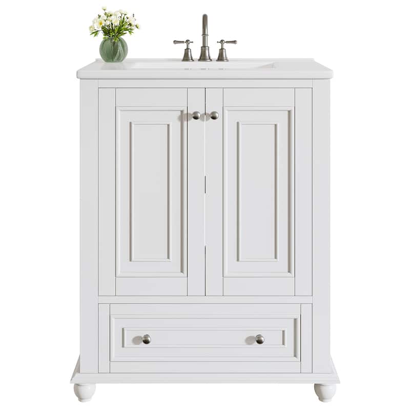 24'' Modern Freestanding Solid Wood Bathroom Vanity with Ceramic Sink, Adjustable Shelf Storage