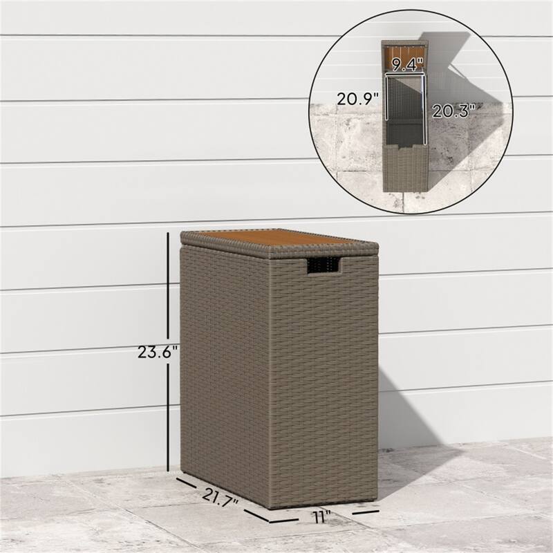 Outdoor Deck Box with Acacia Wood Top PE Rattan Steel Storage Chest Patio Garden Side Table - 11" W x 21.7" D x 23.6" H