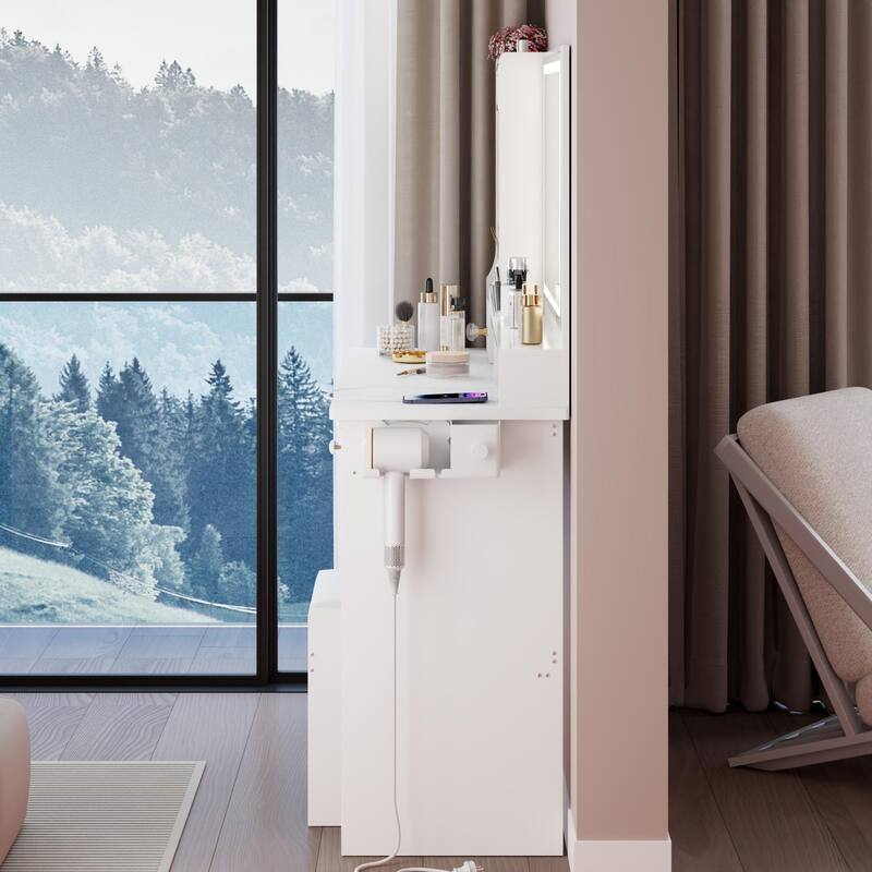 41" Large Size Left Drawer Desktop Vanity Table + Cushioned Stool Dresser Set, 2 AC+2 USB Power Station, Hair Dryer Stand