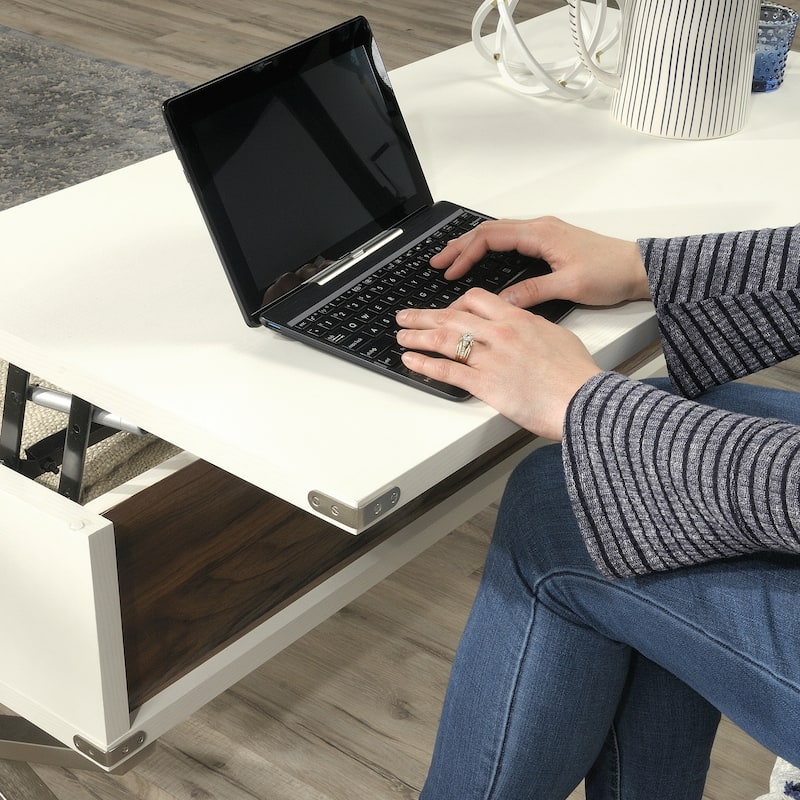 Wood Lift-Top Coffee Table with X metal legs, White/Brown - 39.21" L x 19.69" W x 18.78" H