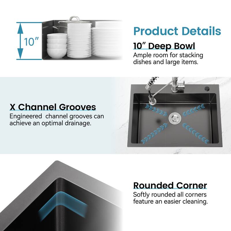 Cozy Stainless Steel Black Satin Countertop Kitchen Sink Rectangular 23x19x10 Lift-and-Turn Drain Modern Design - 23”x19”x10”