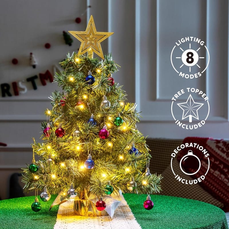 24"/2FT Small Christmas Tree with Lights, Pre-lit Artificial Xmas Tree Green LED Mini Tree for Christmas Decorations