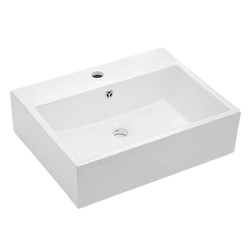 Rectangle Ceramic Bathroom Vessel Sink in White with Faucet Hole - White