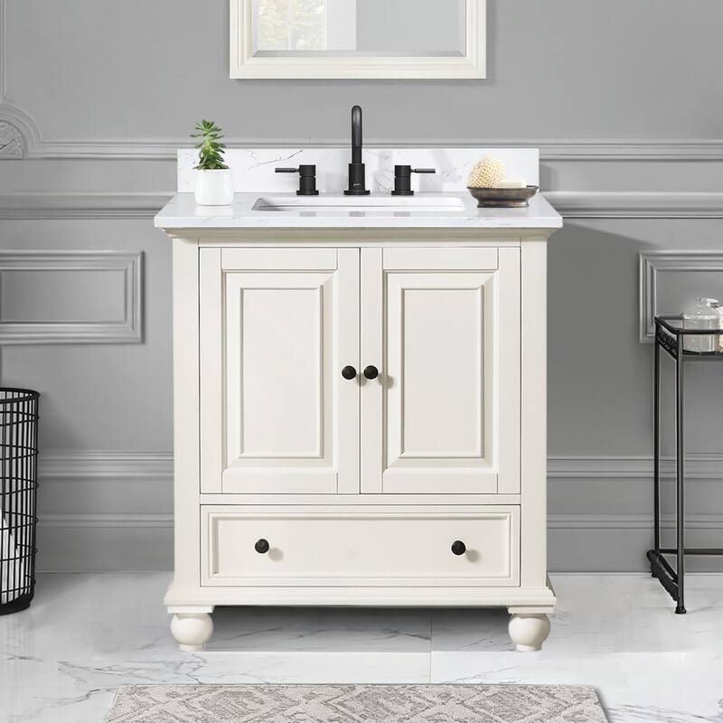 Thompson 30 in. Single Sink Bathroom Vanity with Engineered Stone Top - 31"W x 22"D x 35"H - French White