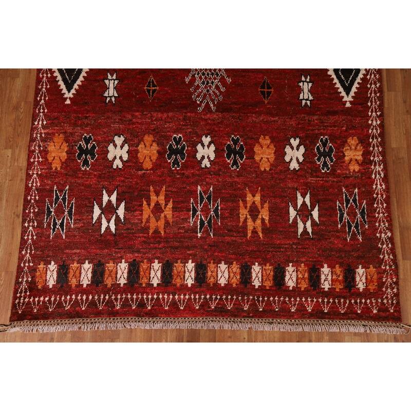 Hand Knotted Oriental 100% Wool Carpet Modern Tribal Red Moroccan Area Rug - 9' 9'' X 6' 9''