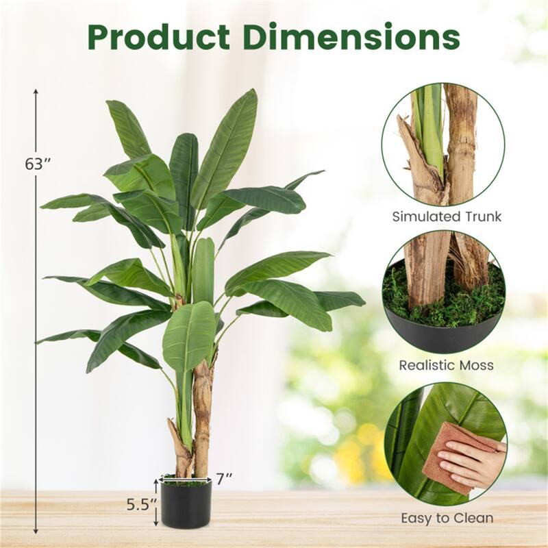63" Artificial Banana Leaf Tree with Realistic Polyester Leaves and Cement Pot for Home Decor - 63"H