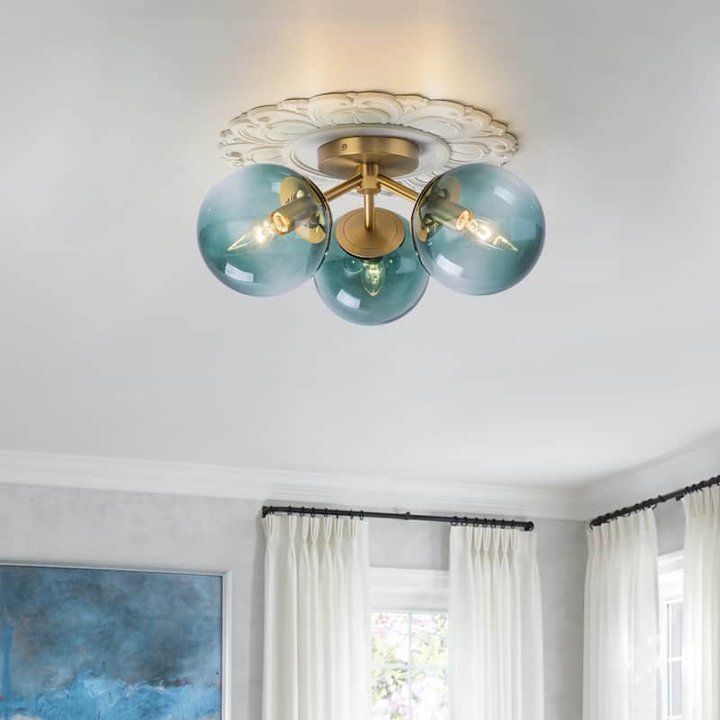 Modern 3-Light Semi Flush Mount With Opal Glass Shade - 18.12 in. - Gold&Gradient Blue Glass
