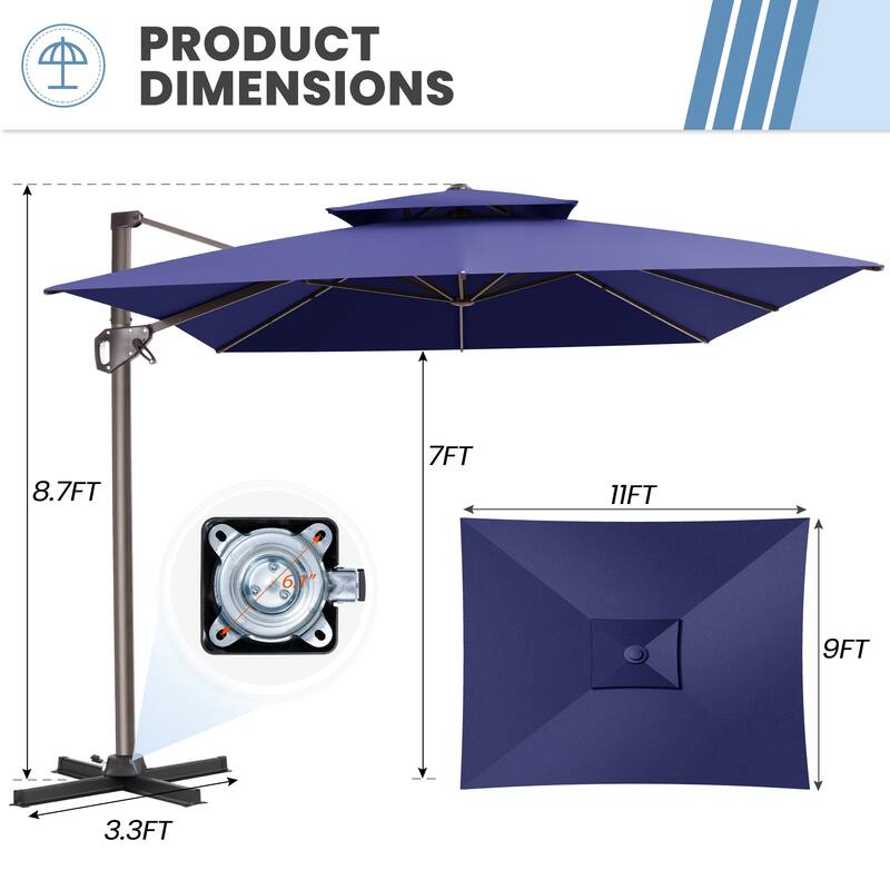 11 × 9 ft Outdoor Patio Cantilever Offset Dual Top Umbrella