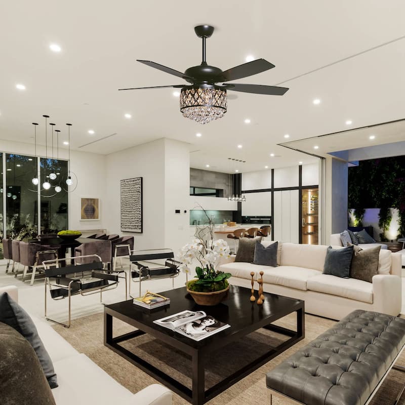 52" Indoor Black Crystal Chandelier Ceiling Fan With Light and Remote - 52"W x 52"D x 17"H