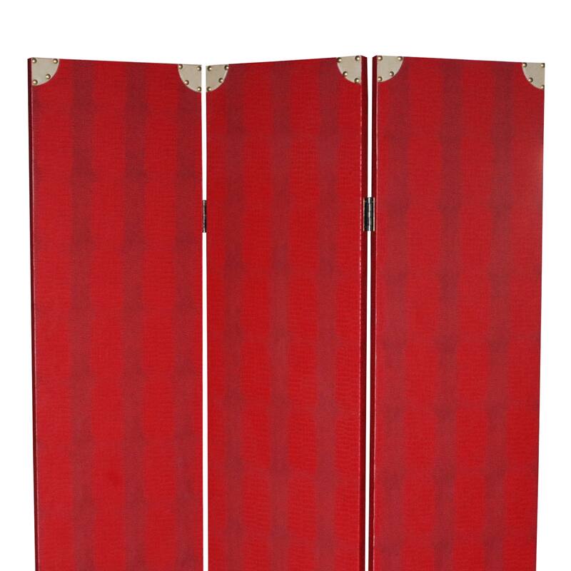 Transitional 3 Panel Wooden Screen with Nailhead Trim, Red