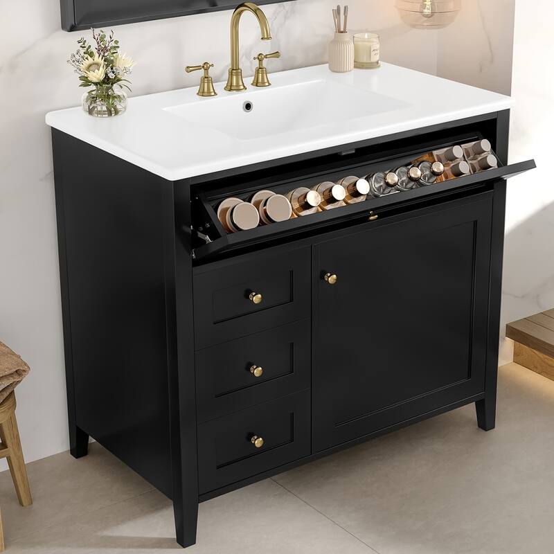 36-Inch Bathroom Vanity with Sink, Modern MDF and Rubberwood Cabinet with 3 Drawers and Adjustable Shelf, Freestanding Vanity