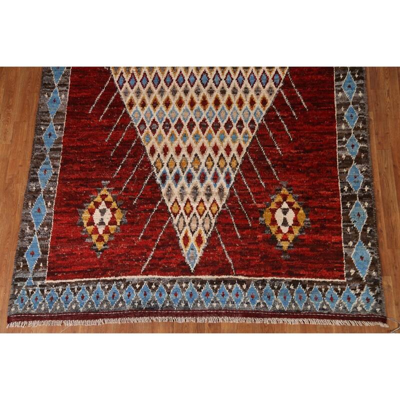 Hand Knotted Oriental 100% Wool Carpet Modern Tribal Red Moroccan Area Rug - 10' 3'' X 6' 7''