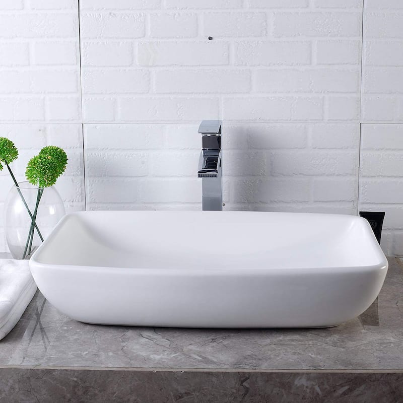 Modern White Porcelain Ceramic Rectangle Above Vessel Bathroom Sink - 24" x 15" x 5"