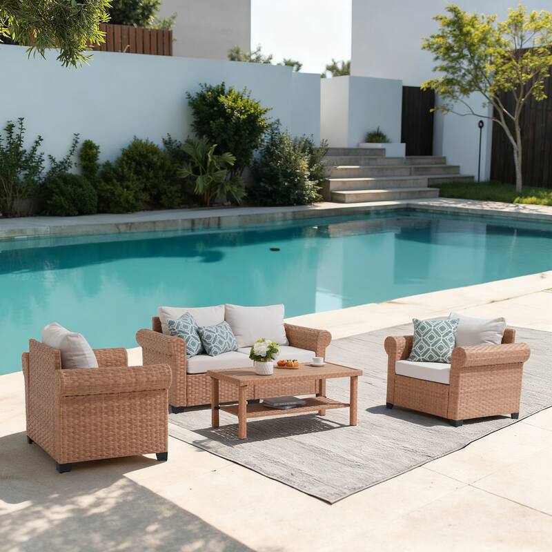 Outdoor PE Rattan Sofa and Coffee Table Set of 4