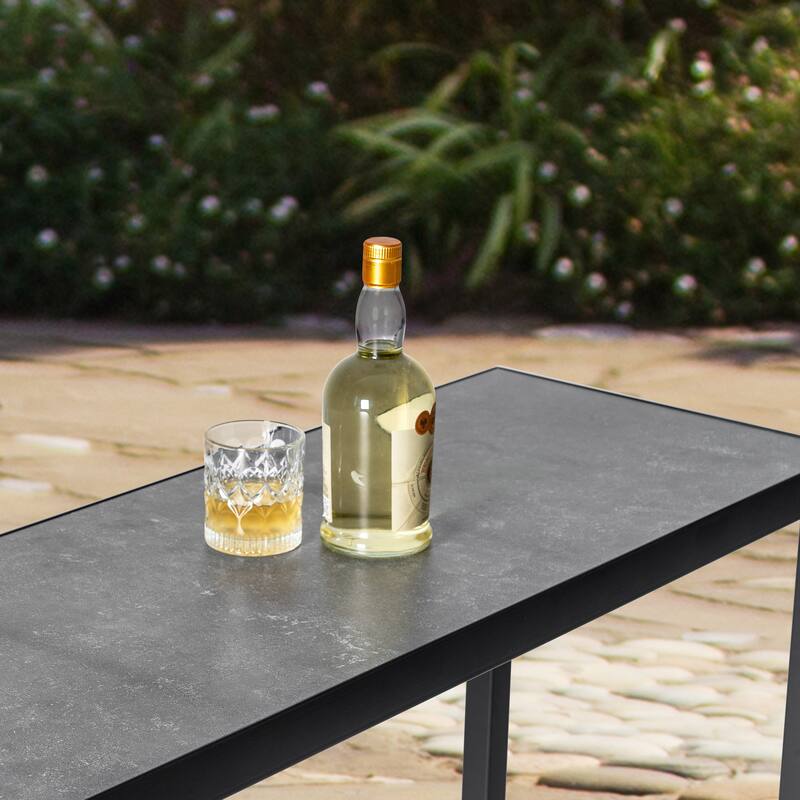 Outdoor Iron Bar Table with 3D-Print Tempered Glass Tabletop, Gray