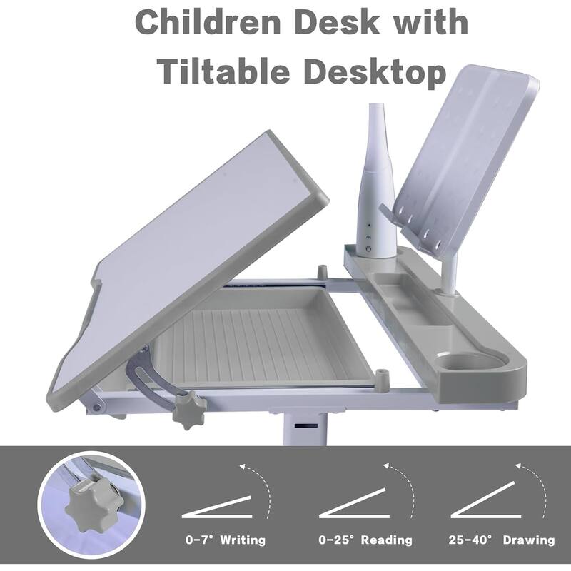 Adjustable Kids Desk and Chair Set with Tilt Desktop LED Lamp Storage Accessories Ergonomic Study - 15.0" x 15.0" x 21.3"-30"