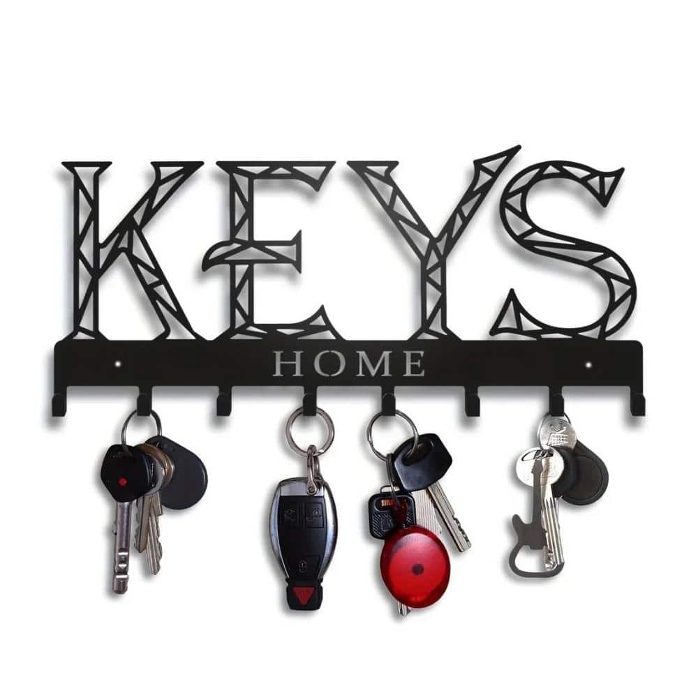 Modern Decor Black Metal Wall Hook Rack with Laser-Cut Geometric or Nature Design 5 Hooks - 10.23”L x 4.52”H