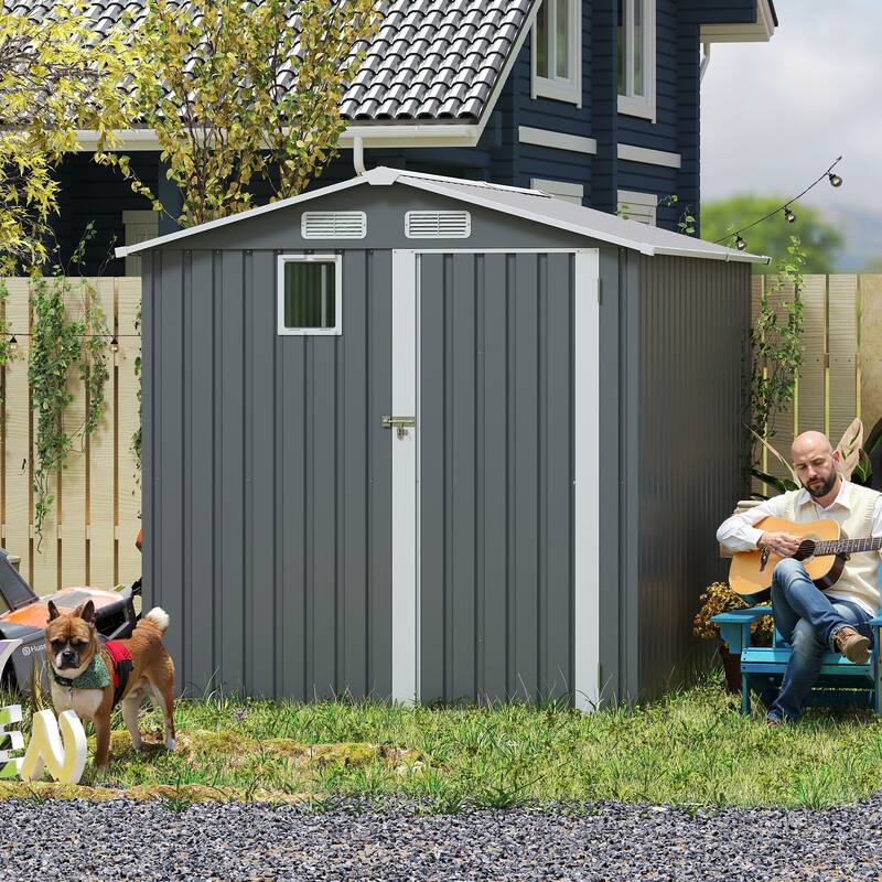 6x8FT Outdoor Steel Storage Shed with Clear Window, Lockable Doors, Compact Metal Tool Shed for Garden