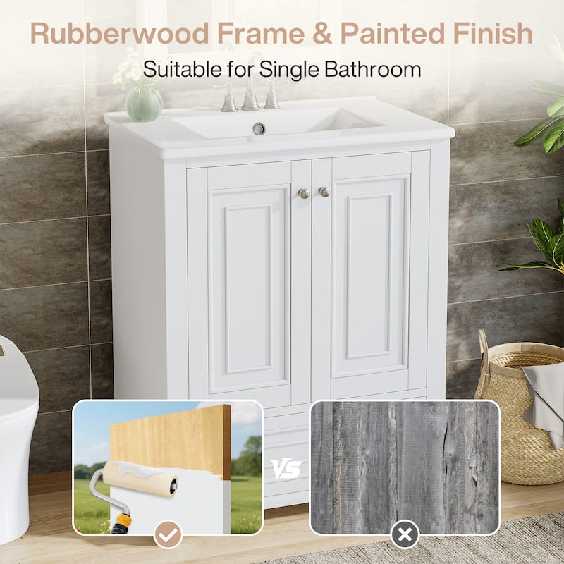 24'' Modern Freestanding Solid Wood Bathroom Vanity with Ceramic Sink, Adjustable Shelf Storage