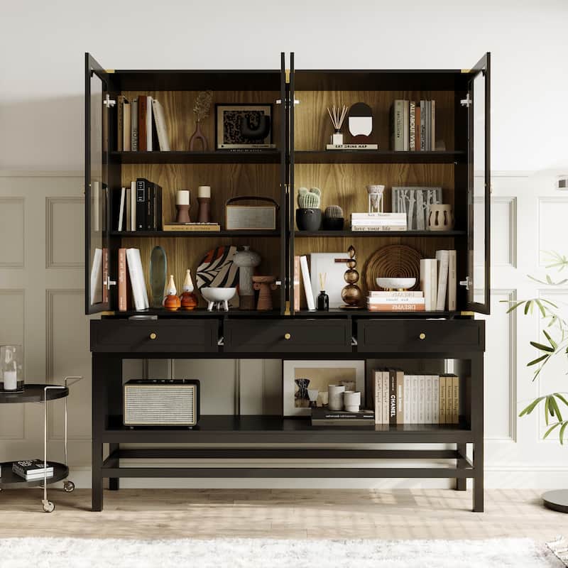 Bookshelves Black Display Cabinet with Glass Doors, Wood Grain Back, Metal Corner Accents - 66.1"x74.8"
