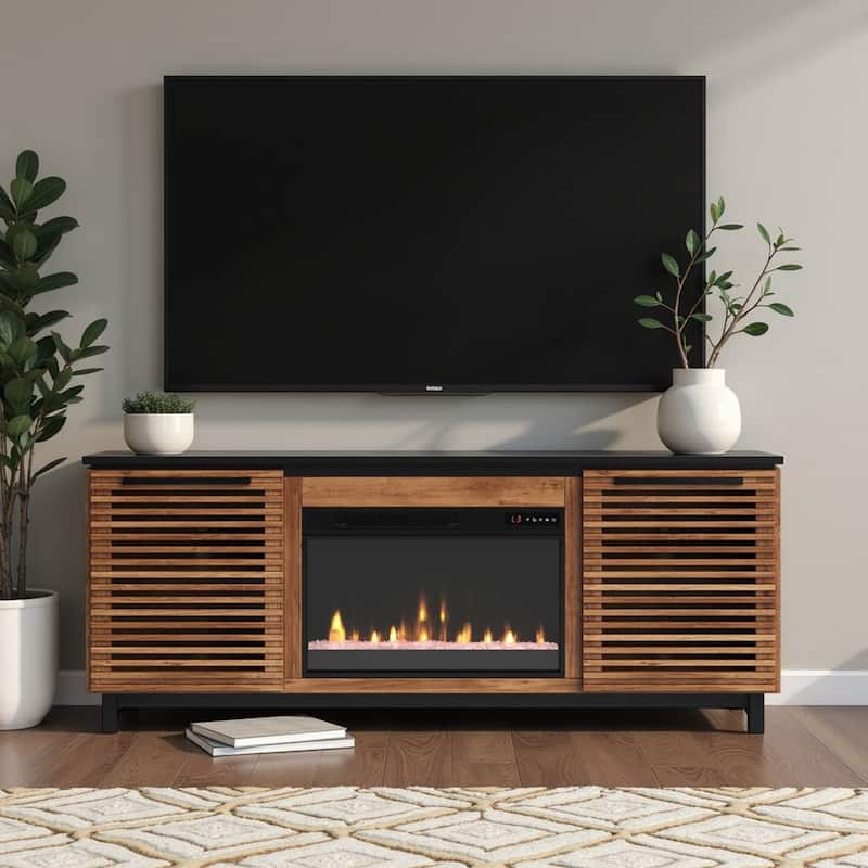 Bridgevine Home Graceland 69 inch Fireplace TV Stand Console for TVs up to 80 inches, Bourbon and Black Finish