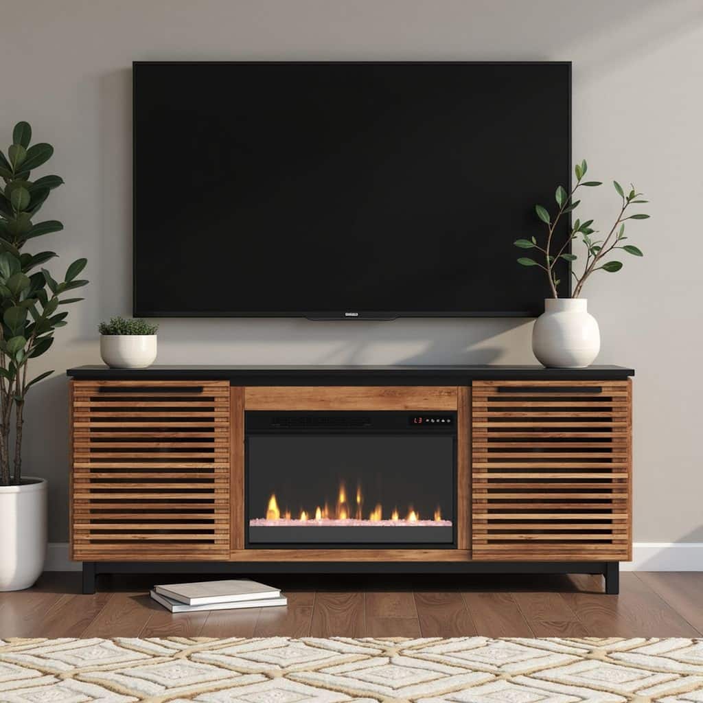 Bridgevine Home Graceland 69 inch Fireplace TV Stand Console for TVs up to 80 inches, Bourbon and Black Finish