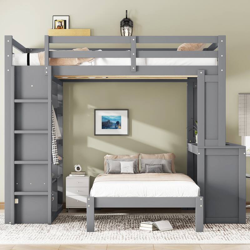 Roomfitters Full/Queen Solid Wood Bunk Bed with Dismountable Lower Bed, Desk, Shelves & Wardrobe, Convertible Loft