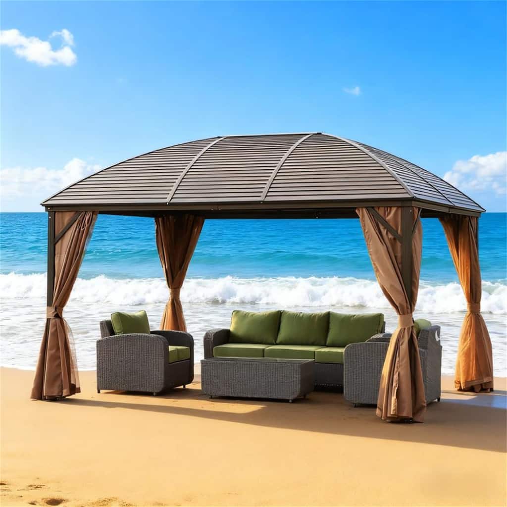 10' x 13' Hardtop Gazebo with Curtains and Netting, Pavilion with Steel Roof Ceiling Hook