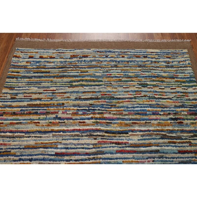 Hand Knotted Oriental 100% Wool Carpet Modern Stripe Multi-Colored Moroccan Area Rug - 7' 8'' X 5' 5''