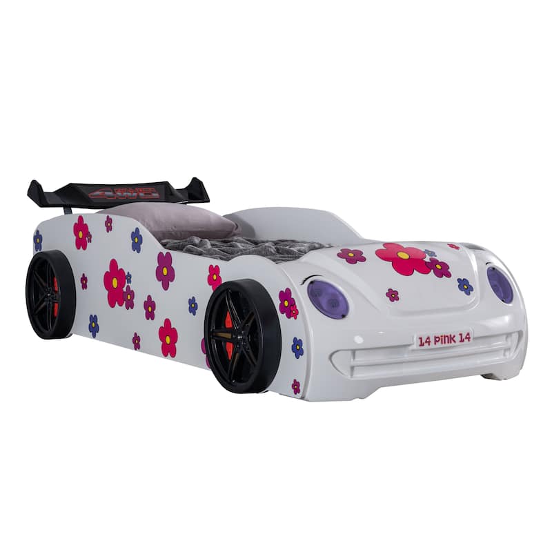 Furniture of America Isola Modern White Twin Race Car-Shaped Platform Bed with LED Headlights and Sound