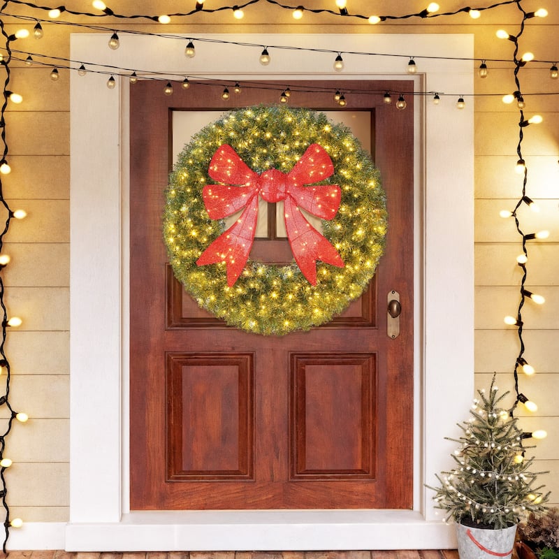 HOMCOM 36in Pre-Lit Xmas Wreath: 140 LED, 11 Modes, Remote, 3D Bow, Indoor/Outdoor