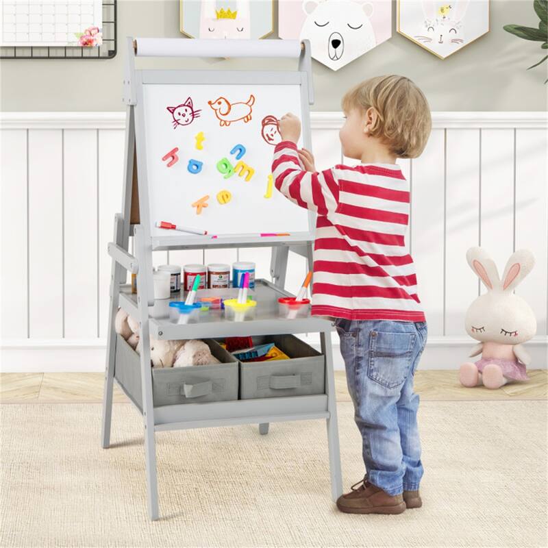 3-in-1 Magnetic Kids Art Easel with Chalkboard, Whiteboard, Paper Roll & Storage Bins - 21.5" x 18" x 40"