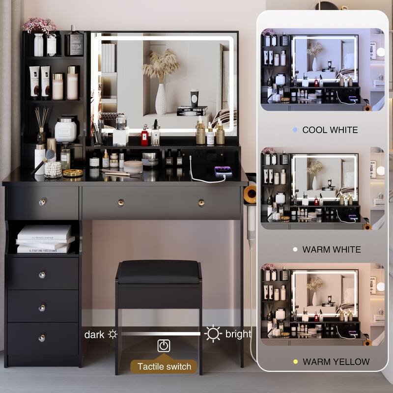 41" Large Size Left Drawer Desktop Vanity Table + Cushioned Stool Dresser Set, 2 AC+2 USB Power Station, Hair Dryer Stand