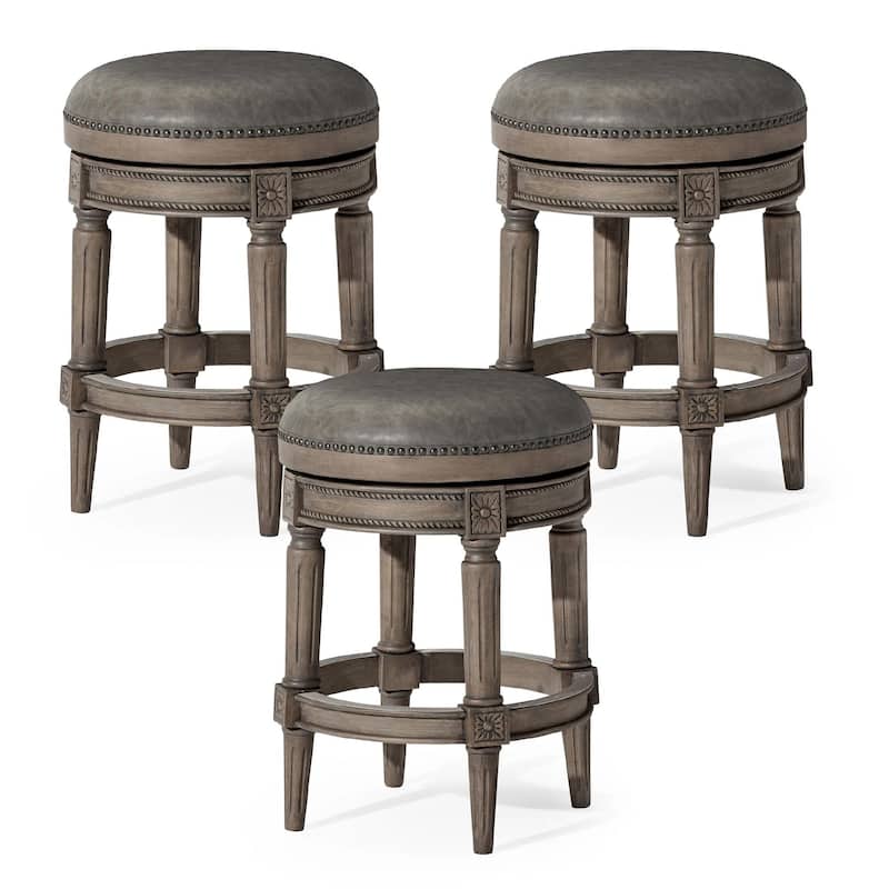 Maven Lane Pullman Backless Swivel Kitchen Stool - Set of 3 - Reclaimed Oak Vegan Leather - Counter Height