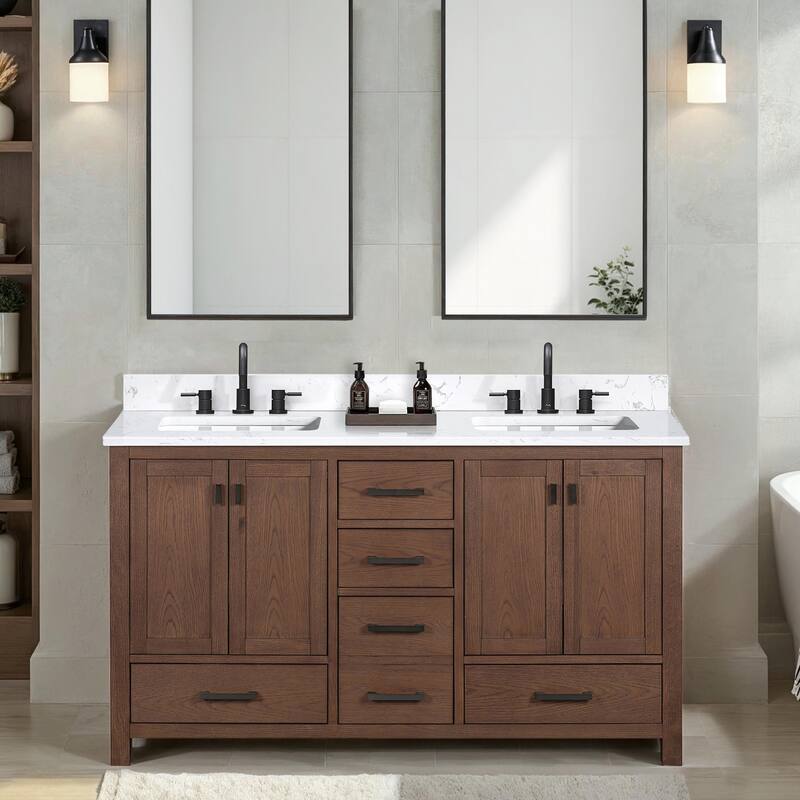 Avanity Modero 60 in. Double Sink Bathroom Vanity with Engineered Stone Top - 61"W x 22"D x 35"H - Mocha Oak