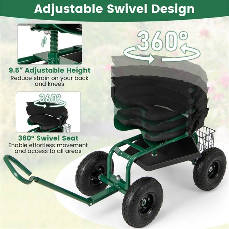 Adjustable Rolling Garden Cart with 360-Degree Swivel Seat Heavy-Duty Metal Frame Storage Basket - 35.5" x 24" x 23.5"-27"