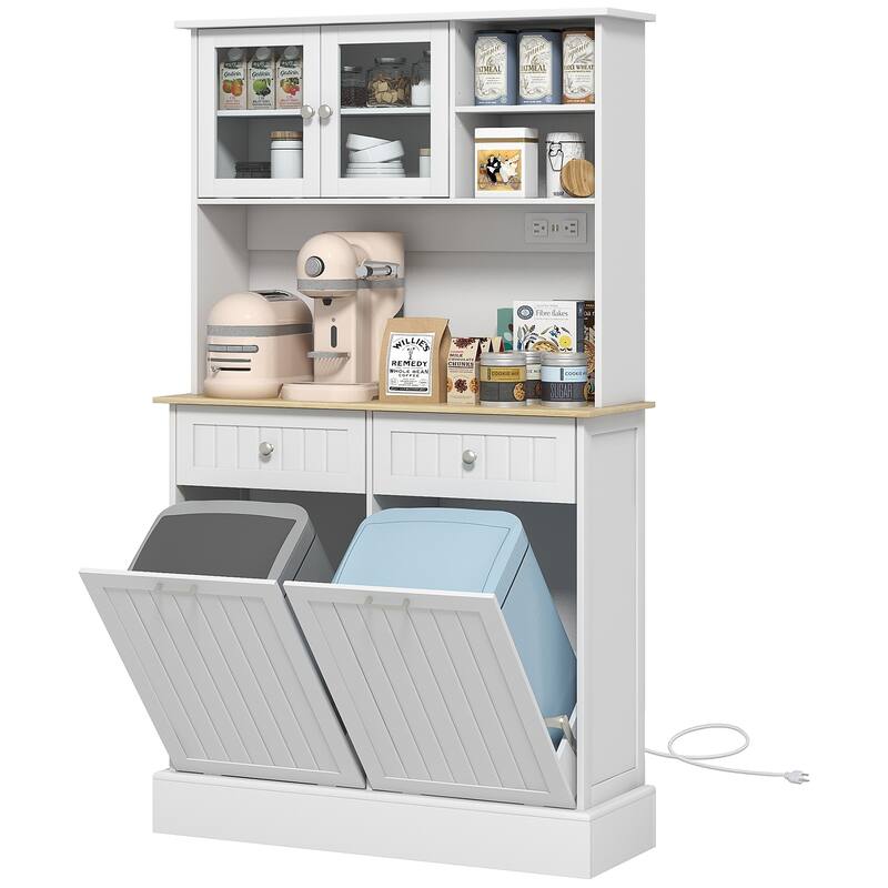 68" Kitchen Pantry Storage Cabinet with Charging Station, 2 Tilt Out Trash Cabinets and Microwave Stand, Freestanding