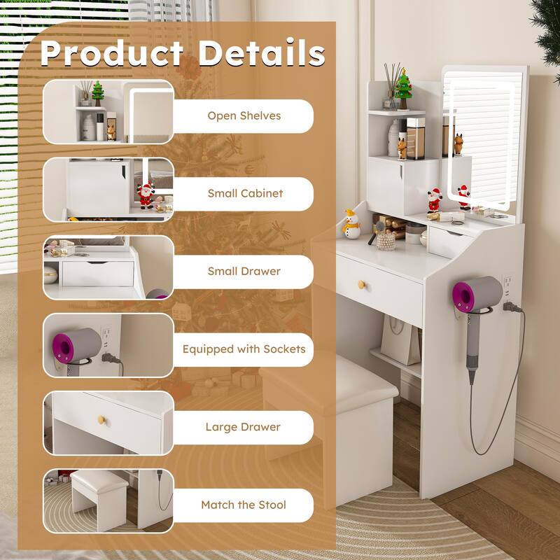 3-Color LED Vanity Mirror with Stool，Dressing Table for Bedroom, 2 Drawers & 5 Storage Cabinets (4 Open + 1 Hidden)