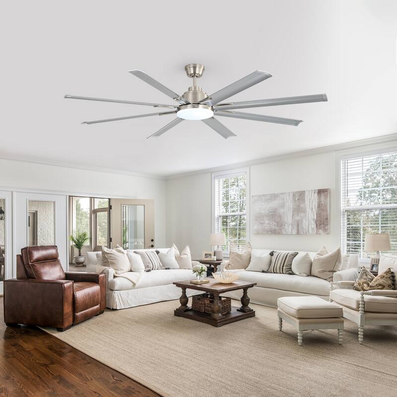 84-Inch DC Motor Ceiling Fan with Dimmable Light and 8-Blade Aluminum Silver Blades - Nickel