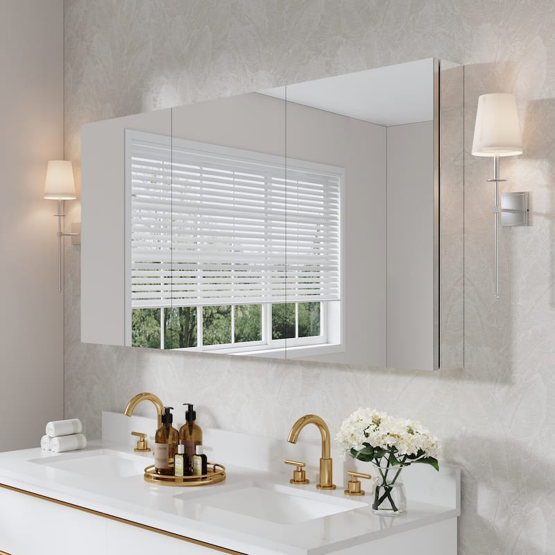Recessed or Surface Wall Mount Bathroom Medicine Cabinet With Adjustable Glass Shelves - 60"W X30"H, Three Door Open