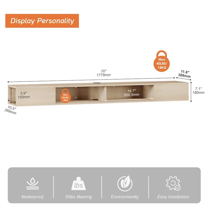 Floating Wall Mounted TV Stand with Storage, 70 Inch